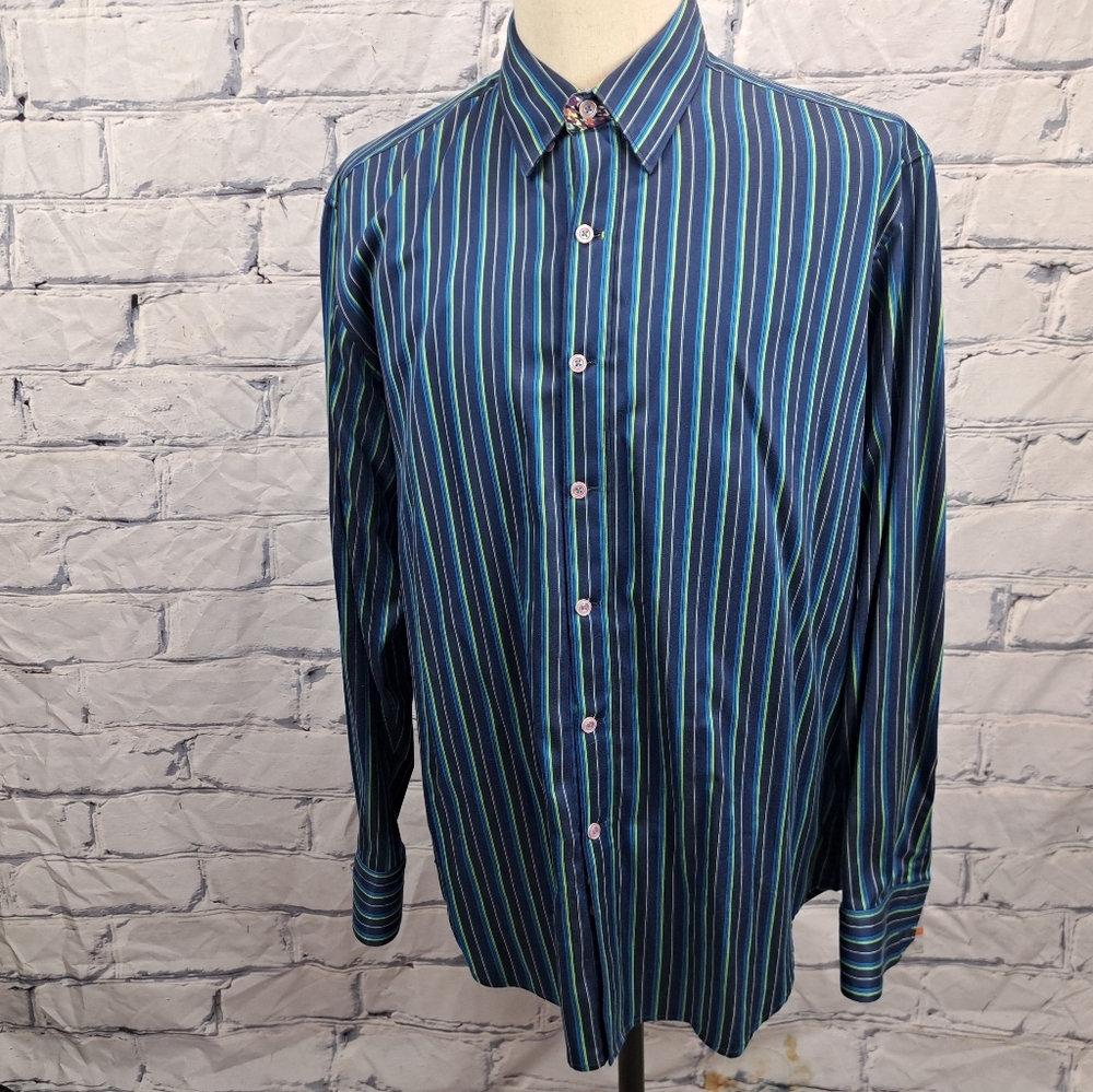 Robert Graham Mens Button Down Shirt Green Blue Striped Flip Cuff Classic Fit XL - Picture 11 of 16